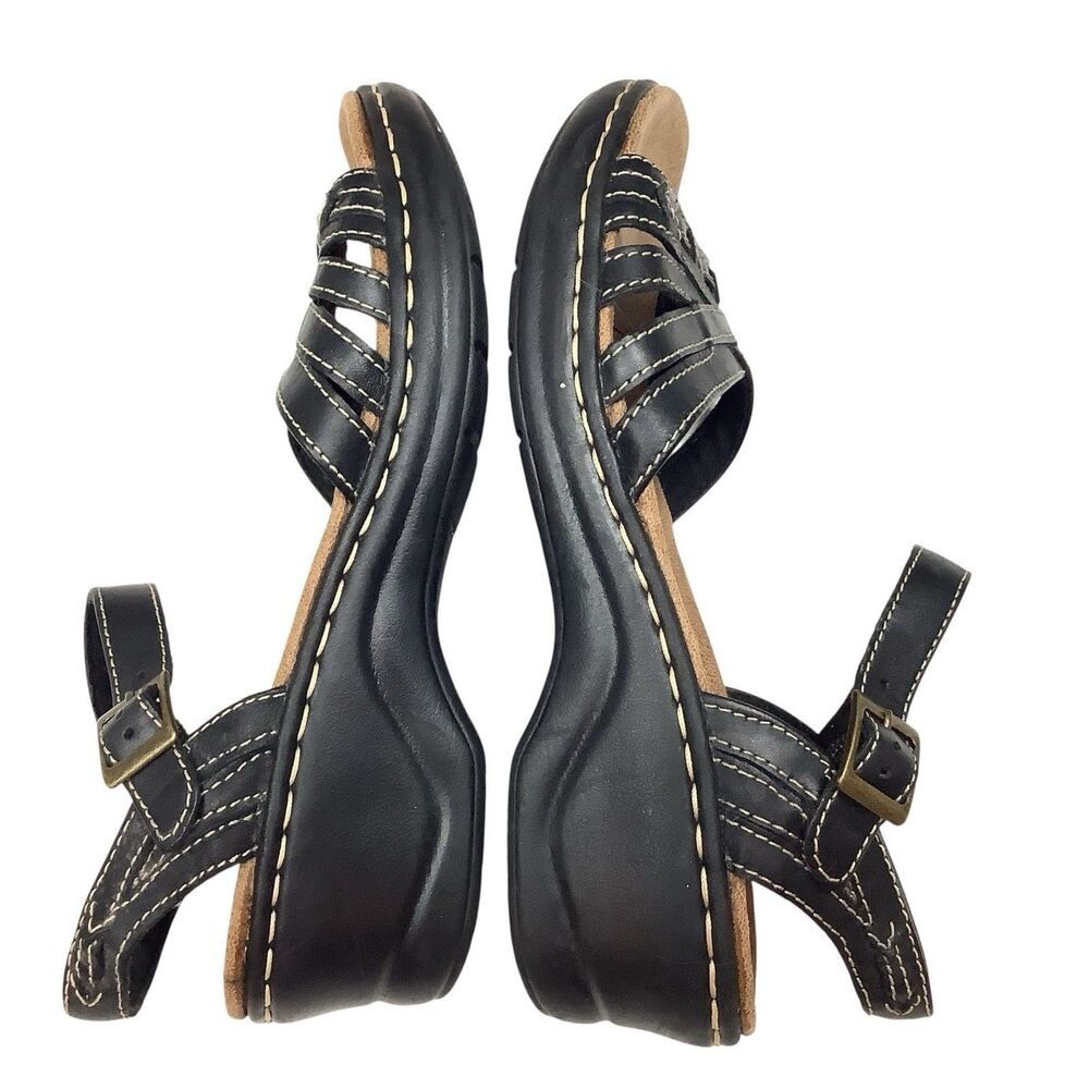 Clarks Bendables Black Leather Ankle Strap Sandals Shoes Low Wedge Heel 6.5 M